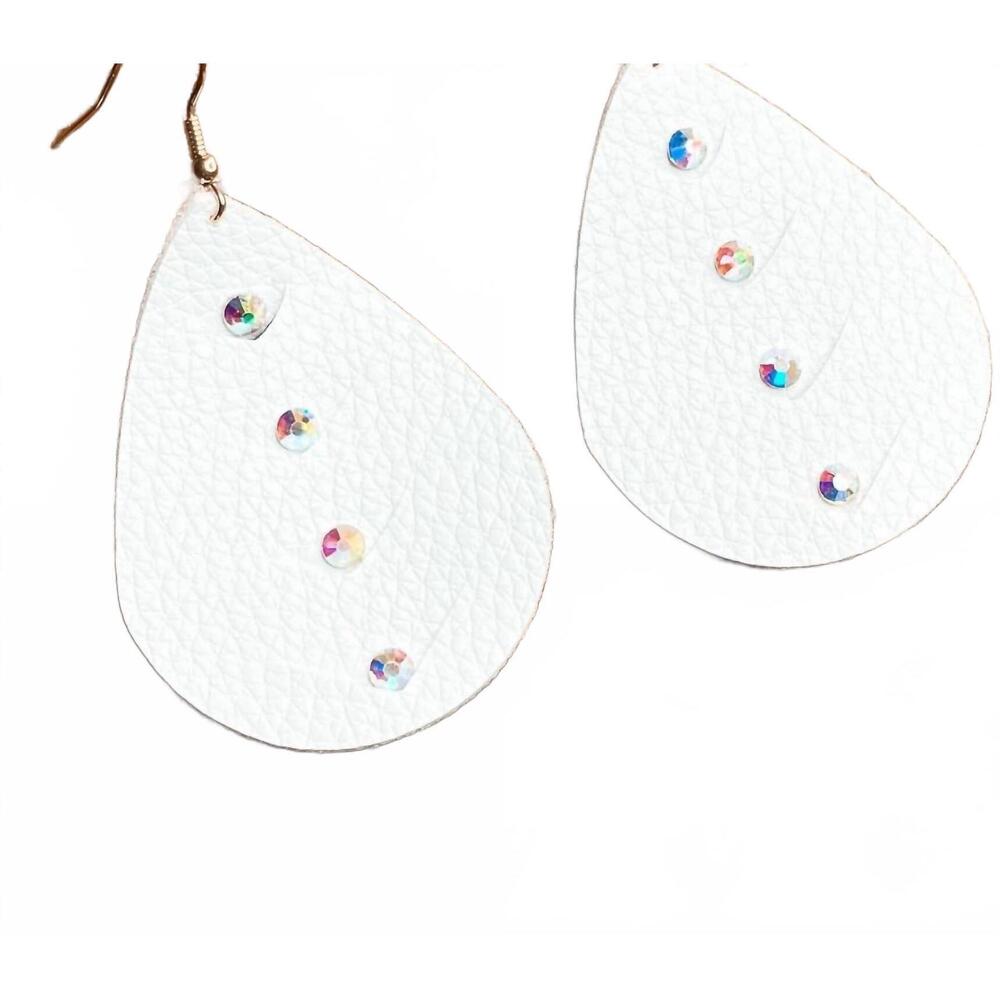 NEW WHITE LABEL women's bling faux leather teardrop earrings in white